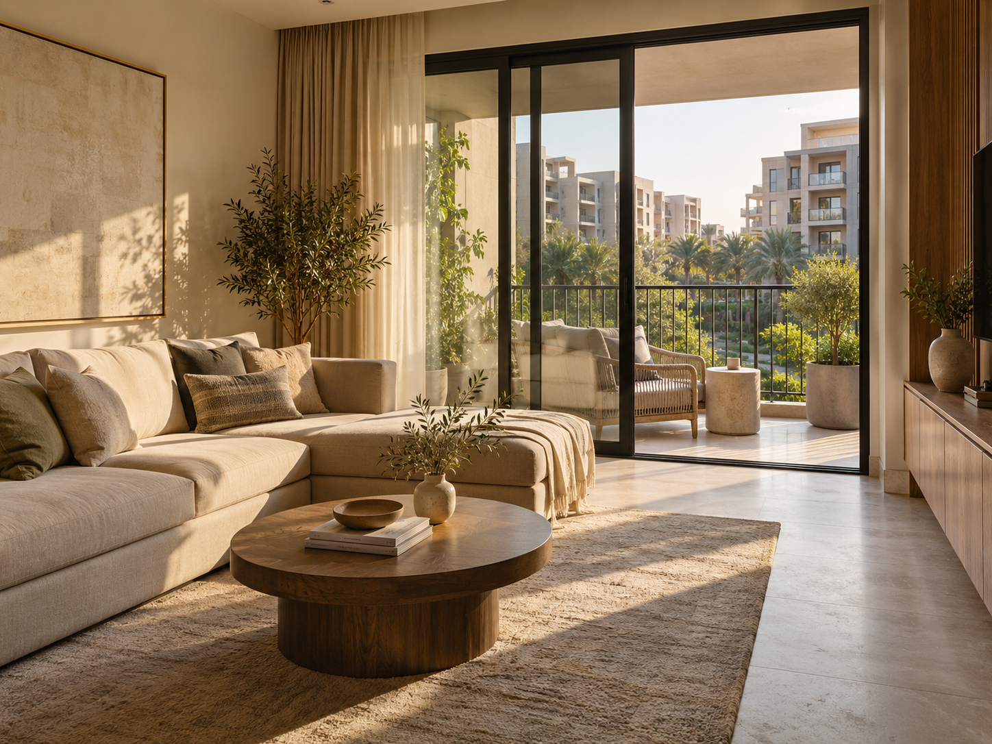 Sunlit living room opening onto a landscaped residential courtyard