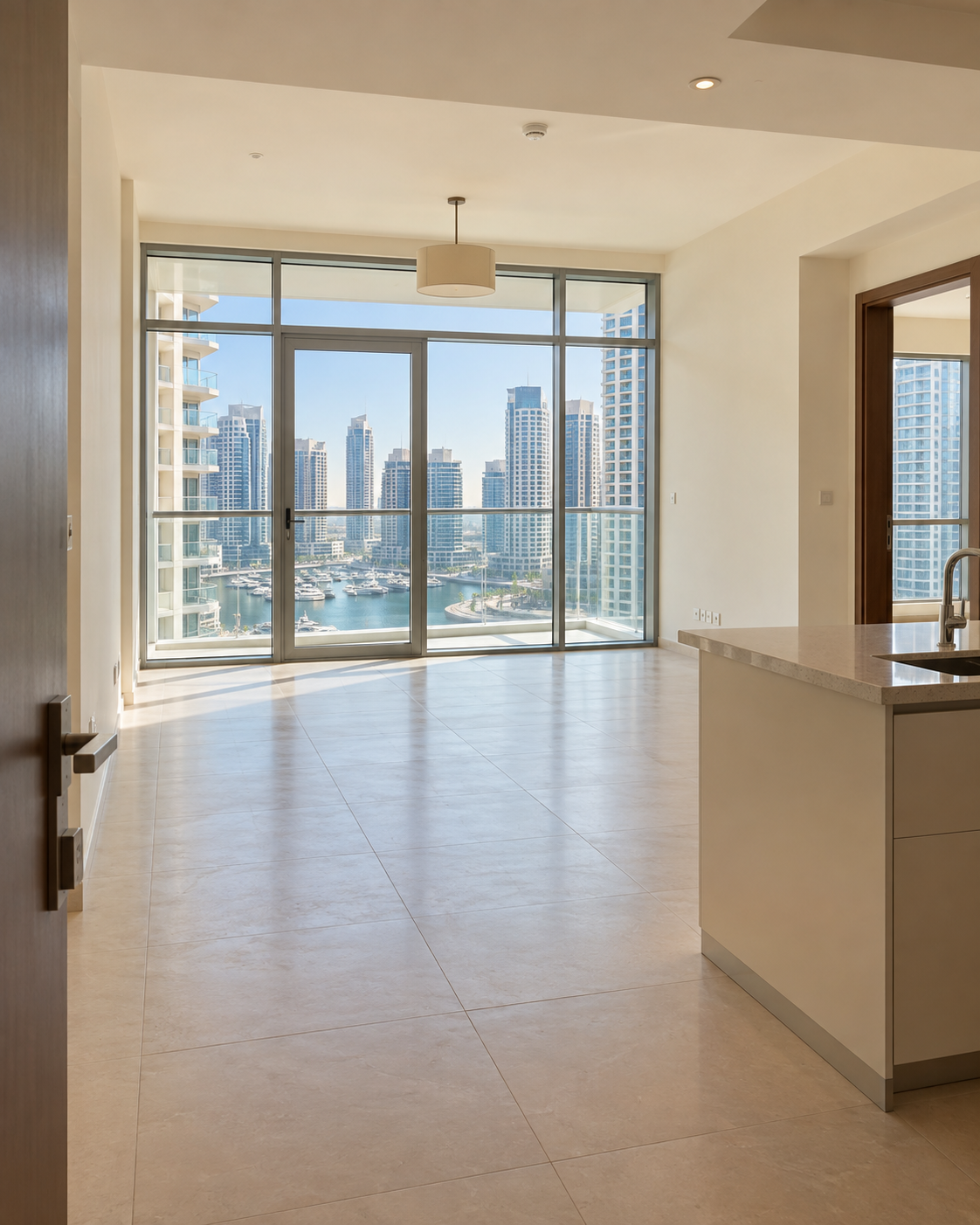Bright Dubai apartment living room with balcony and Marina view