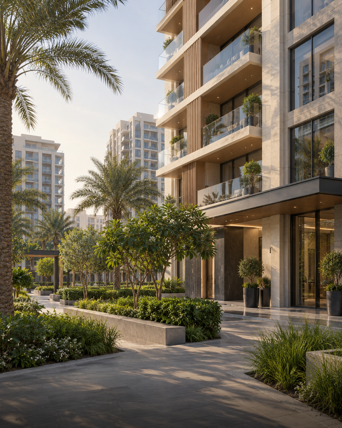 Modern residential building and landscaped entrance in a Dubai-style community